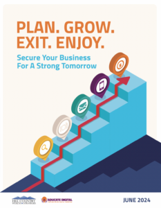 Cover page for a workbook titled "Plan. Grow. Exit. Enjoy. Secure Your Business for a Strong Tomorrow."