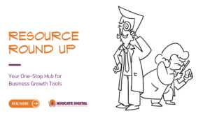 Illustration of two business professionals investigating clues with magnifying glasses, symbolizing a search for resources, next to the text "Resource Round Up" and "Your One-Stop Hub for Business Growth Tools."