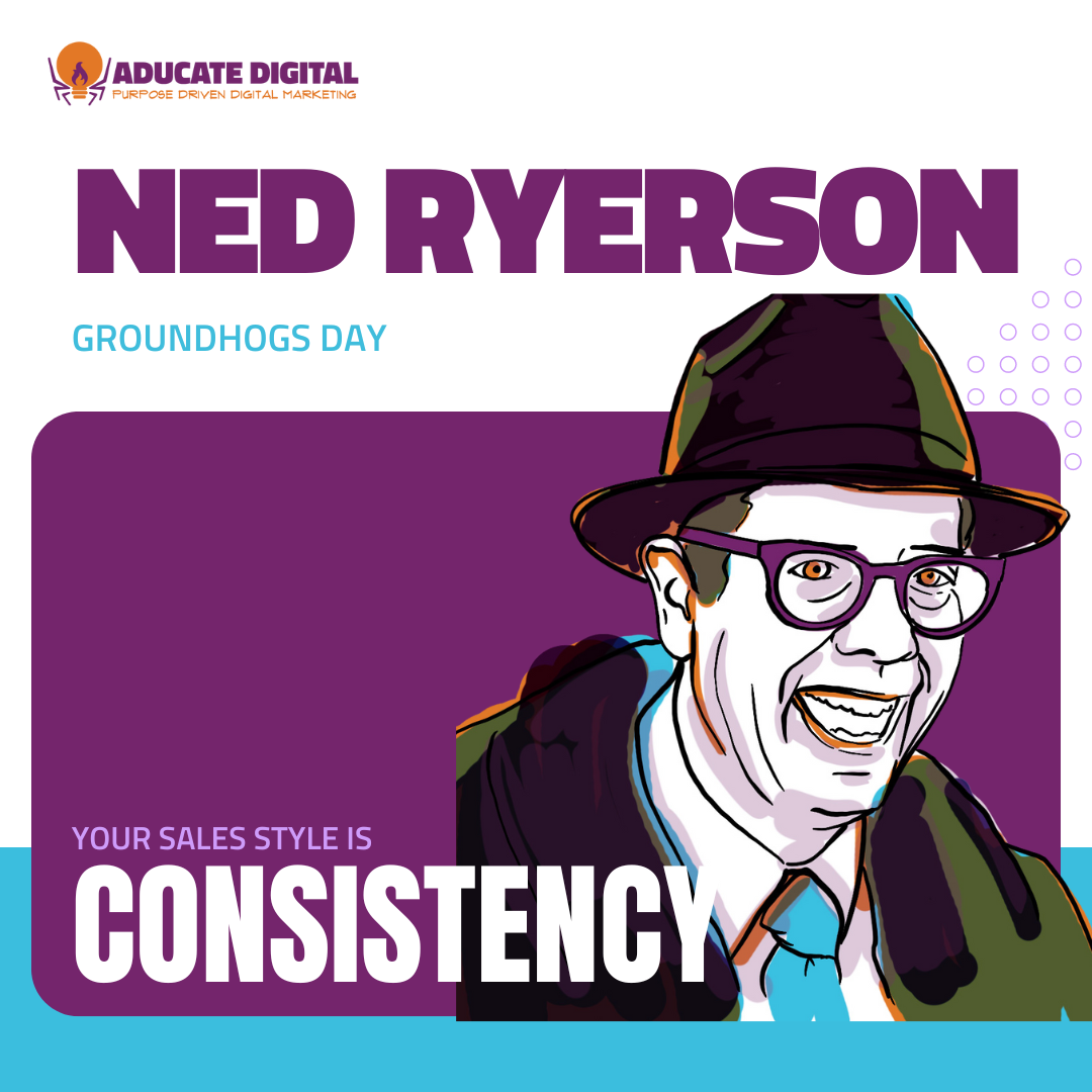 Ned Ryerson smiling, symbolizing consistency in sales.