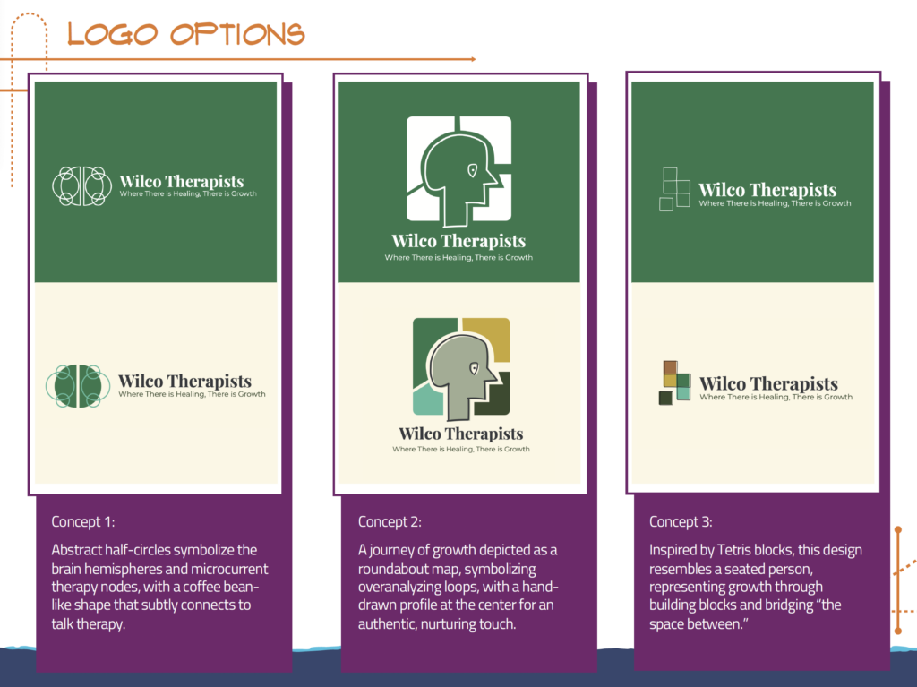 Wilco Therapist logo options showing three creative concepts.