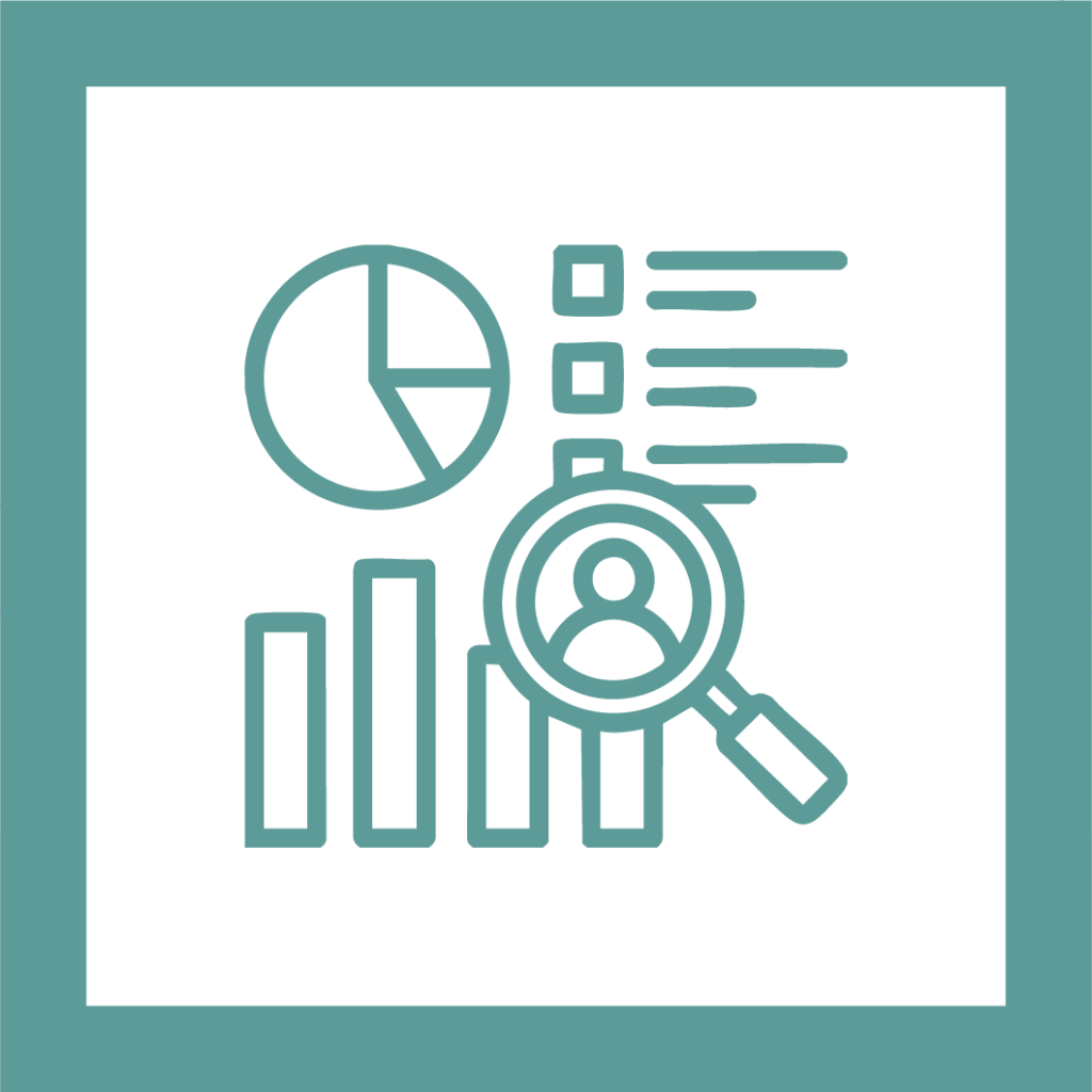 Illustration of graphs and charts including a magnifying glass with a person's profile in the middle, symbolizing market research work.