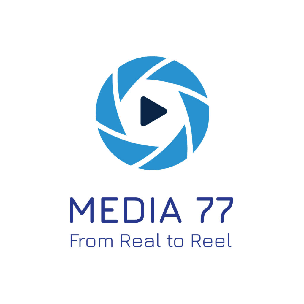 Media-77 logo featuring a blue camera lens design with a play button in the center and the tagline 'From Real to Reel.