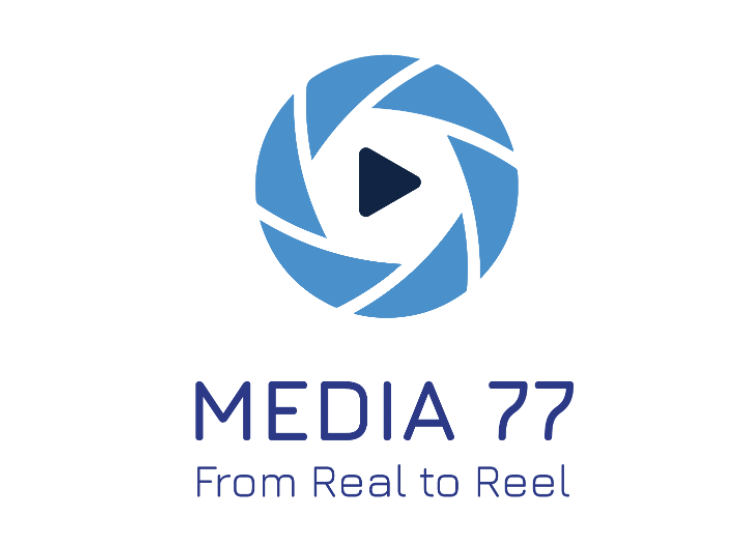 Media-77 logo featuring a blue camera lens design with a play button in the center and the tagline 'From Real to Reel.