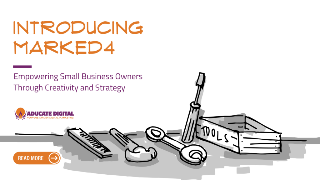 Illustration of tools and a toolbox representing creative strategies for small business growth, with the title 'Introducing MarkED4' and Aducate Digital branding.