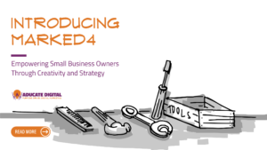 Illustration of tools and a toolbox representing creative strategies for small business growth, with the title 'Introducing MarkED4' and Aducate Digital branding.